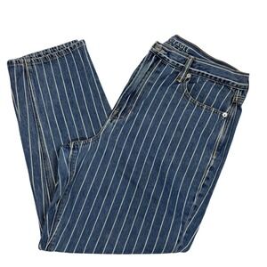 American Eagle Mom Jeans Blue White Pinstripe High Rise Denim Size 14 Regular